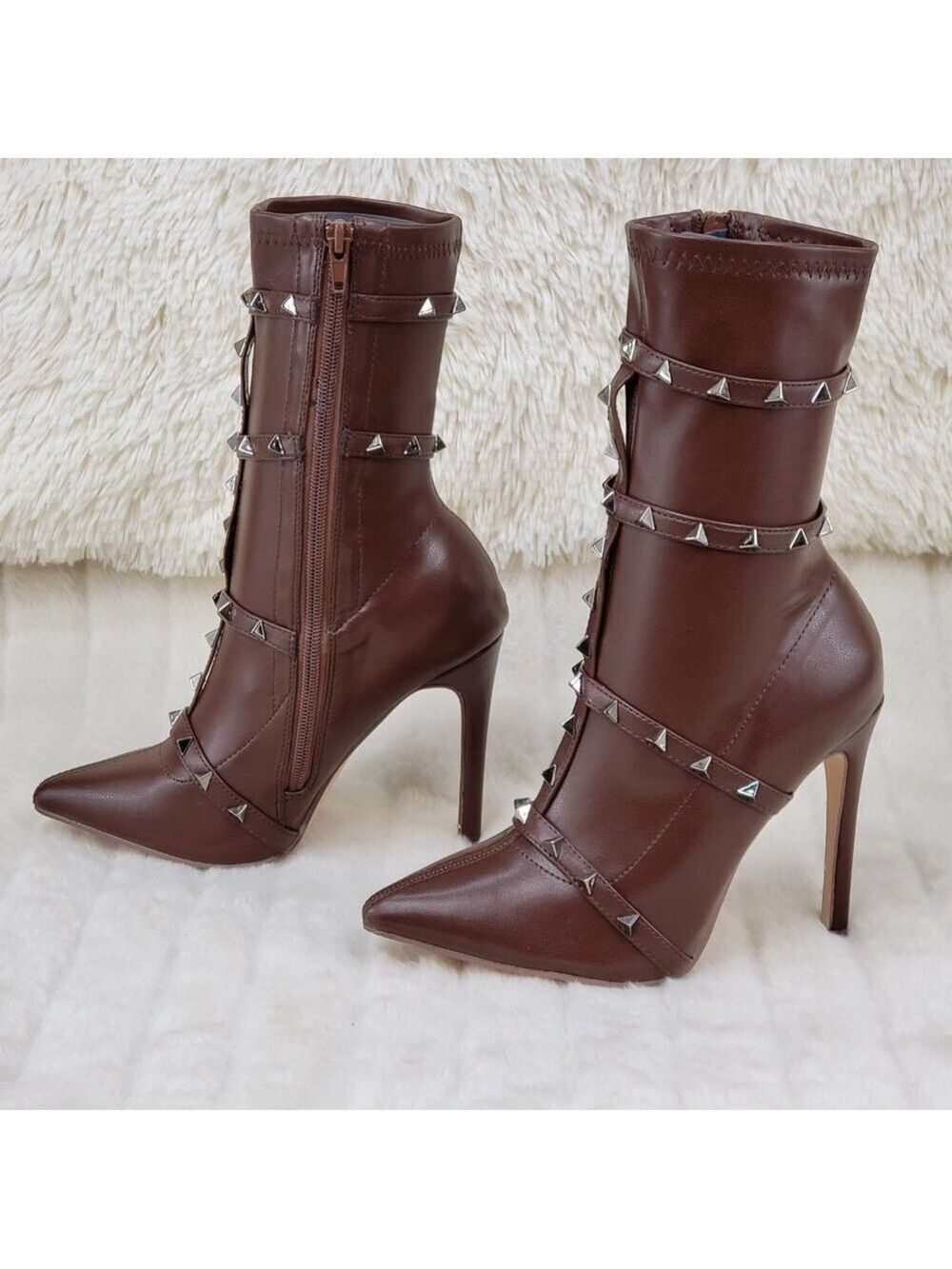 Mark Sexy Stud Strap High Heel Pointy Toe Ankle Boots Mocha Brown